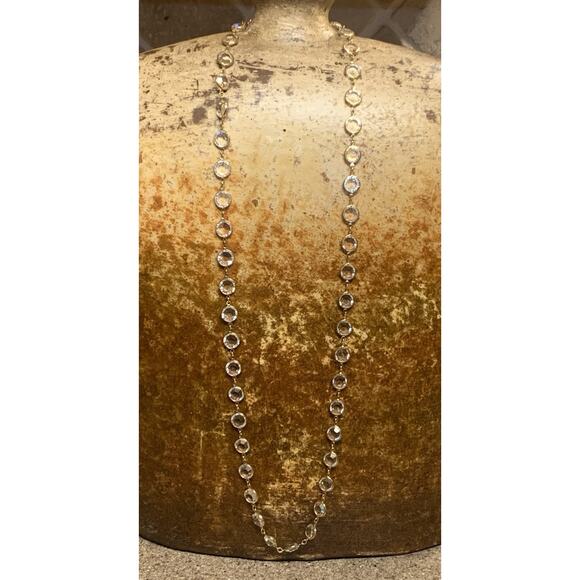 Gold Linked and Bezel Set Clear and Faceted Crystal Necklace 34 Inches Vintage - Picture 2 of 8